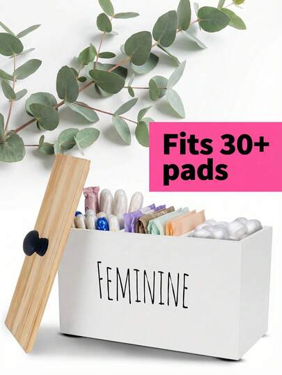 Caja de almacenamiento de tampones sanitarios de madera elegante y estética con tapa, de acceso rápido, discreta, de protección de privacidad, de estilo minimalista, para almacenamiento de cosméticos para mujeres modernas y profesionales. Caja organizadora elegante a prueba de polvo para el hogar, el baño, el tocador, el dormitorio y la mesita de noche, para guardar toallas sanitarias, tampones, hisopos