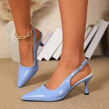 Giày sandal cao gót hở mũi 7cm cho nữ, màu đen, mũi nhọn, gót thấp, quai thun, kiểu dáng cổ tích. - Màu xanh nhạt - Xem 10