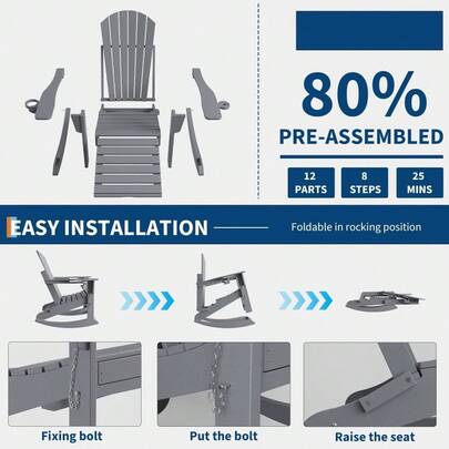 Silla mecedora plegable Adirondack con reposapiés retráctil y portavasos – Silla de patio exterior de HDPE resistente a la intemperie, mecedora ergonómica de respaldo alto para porche, terraza, césped