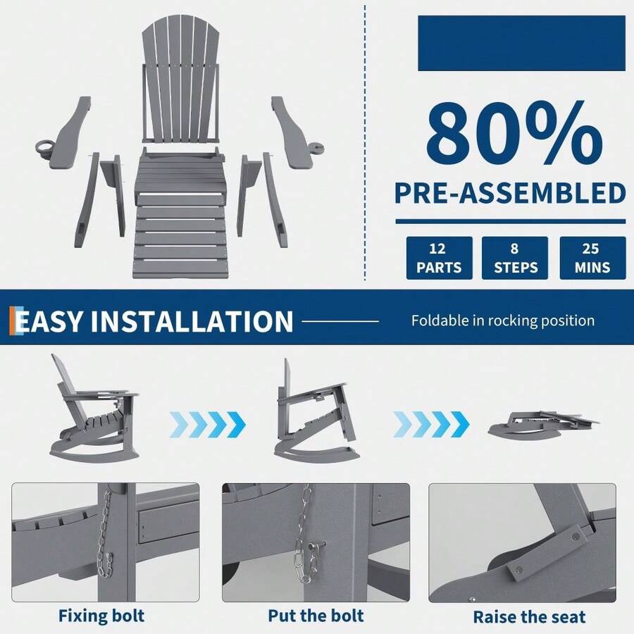 Silla mecedora plegable Adirondack con reposapiés retráctil y portavasos – Silla de patio exterior de HDPE resistente a la intemperie, mecedora ergonómica de respaldo alto para porche, terraza, césped - Gris - Ver 1