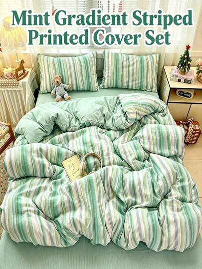 4件套柔软舒适清新简约风格薄荷绿渐变条纹印花床上用品套装（1个被套+2个枕套+1个床单，不含填充物），双面AB渐变条纹印花床上用品套装，透气双层提花被套，适用于卧室、客房