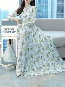 Women's Floral Print Dress - Long Sleeve Waist Cinched Slim Fit, Spring Autumn Fairy Elegant Vacation Midi Dress, Arabic Elegant Style, All Season Daily Wear - 白色 - 查看 1