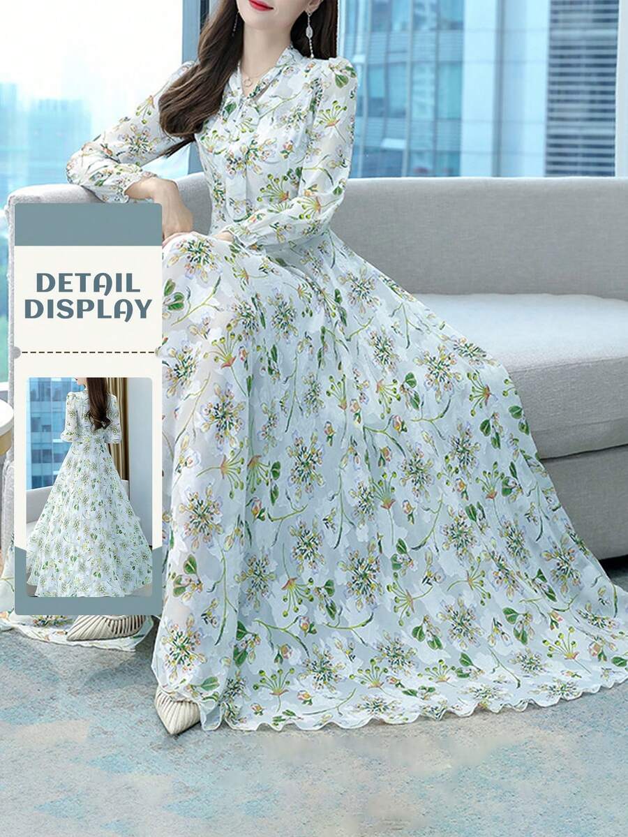 Women's Floral Print Dress - Long Sleeve Waist Cinched Slim Fit, Spring Autumn Fairy Elegant Vacation Midi Dress, Arabic Elegant Style, All Season Daily Wear - 白色 - 查看 1