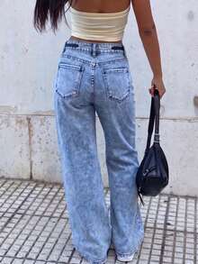 Jeans casuales de mujer con cintura elástica y cordón ajustable - Azul claro - Ver 4