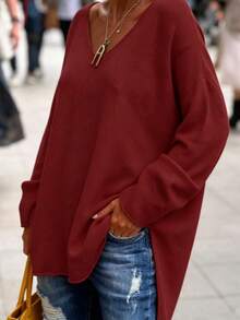 1pc V-Neck Knit Top, Front Short Back Long Hem With Slit, Suitable For Spring, Autumn, Winter Fall - Red 2 - View 3