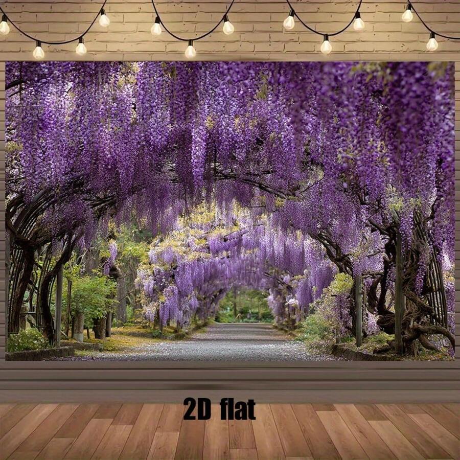 2D Flat Design, 1-Piece Wedding Wisteria Tunnel Backdrop Fabric – Japanese Garden Path With Purple Wisteria Flowers, Made Of Durable Polyester Fabric, Easy To Hang (No Electricity Required), Suitable For Weddings, Graduation Balls, Photo Booth Backgrounds, Realistic Floral Tunnel Decoration For Party Scenes, 2D Flat Design - 1PC - 查看 1