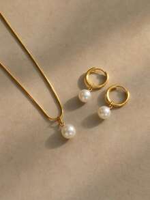 3pcs Stainless Steel Waterproof Non-Fading Fashion Women's Gold/Silver Teardrop Pearl Earrings Necklace Jewelry Set, Suitable For Daily Wear - Pearl - View 10