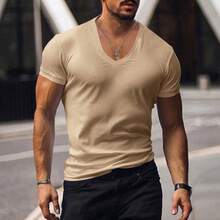T-shirt da uomo estiva, scollo a V, tinta unita, vestibilità slim, leggera, maniche corte, abbigliamento casual da uomo - Bianco - Visualizzare 4