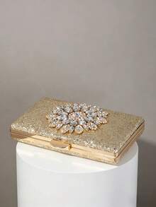 Luxury Gold Glitter Rhinestone Evening Clutch Bag, Shiny Floral Diamond Hard Case Chain Shoulder Bag For Wedding, Prom, Party - Gold - View 6