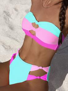 Bộ bikini gợi cảm phối màu dành cho nữ, áo tắm hai tông màu trễ vai buộc dây phía sau. - Màu xanh nhạt - Xem 1