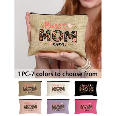 1 Pc Print "Best Mom Ever" Floral Print Cosmetic Makeup Pouch With Zipper Closure , Travel Zipper Bag, Essential Storage Bag, Travel Toiletries Set, Medication Storage Bag, Key Bag; Durable Organizer Bag For Mom's Essentials,Affordable Lightweight Portable Wallets And Small Miscellaneous Bags Suitable For Both Men And Women