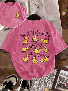 Damen Große Größen Kurzarm T-Shirt mit Enten Muster, Rundhals Regular Fit lässig Top, leicht dehnbar, geeignet für Herbst und Sommer - Rosenrot - Übersicht 2