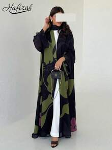 Hafizah 2pcs Modest Vintage Floral Pattern Loose Cardigan Robe With Headscarf Black Vacation Fall - Black - View 2