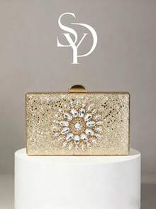 Luxury Gold Glitter Rhinestone Evening Clutch Bag, Shiny Floral Diamond Hard Case Chain Shoulder Bag For Wedding, Prom, Party - Gold - View 1