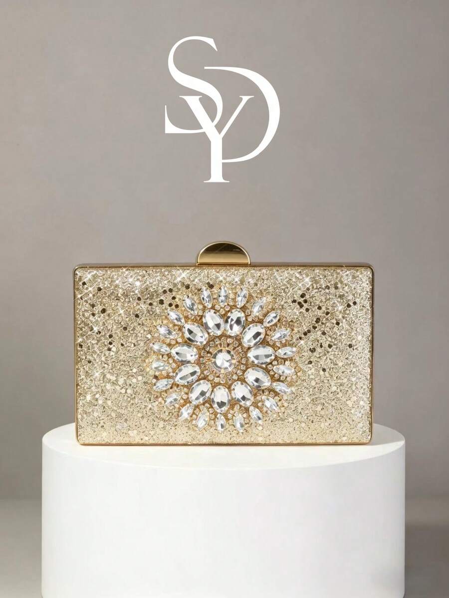 Luxury Gold Glitter Rhinestone Evening Clutch Bag, Shiny Floral Diamond Hard Case Chain Shoulder Bag For Wedding, Prom, Party - Gold - View 1