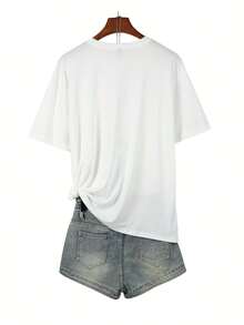 Camiseta de talla grande con estampado de letras, top casual de manga corta para primavera y verano, ropa de talla grande para mujer - Blanco - Ver 2