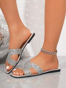 Gold Rhinestone Slip-On Sandals, Lightweight Luxury Party Wear Flat Toe Thong Slippers For Summer - Silver - View 8