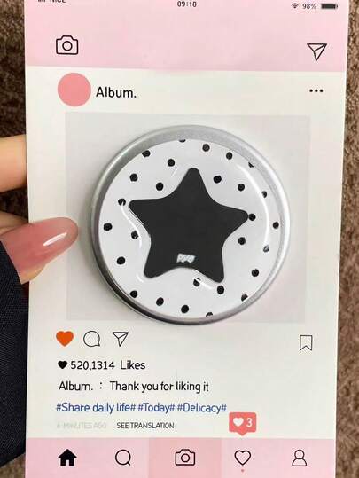 1pc Cute Women's Silver Matte Star Polka Dot Mirror Y2K Style Magnetic Phone Holder, Ins Style Korean Girl Phone Desktop Stand