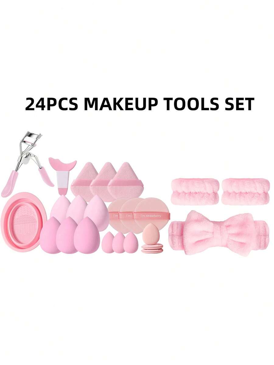 24件套化妆工具套装，包括：1个发带+2个手碗带+1个睫毛夹+3个迷你气垫粉扑+3个迷你化妆海绵+3个气垫粉扑+6个化妆海绵+3个三角粉扑+1个眼部化妆辅助工具+1个化妆刷清洁工具 - 粉色 - 查看 1