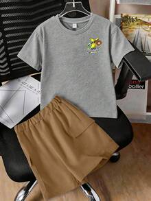 1 Set Camiseta de manga corta y pantalones cortos cargo con estampado de plátano y béisbol de dibujos animados, ajuste holgado informal, camiseta y pantalones cortos deportivos para niños adolescentes, regalo de verano perfecto para la escuela y uso al aire libre - Multicolor - Ver 2