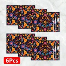 1pc/4pcs/6pcs/8pcs Mexican Folkloric Floral & Bird Pattern Linen Placemats, Suitable For Dining Table, All Seasons Decor, Modern Washable Tabletop Mats, Room Decor, Coasters, Kitchen Dining Mats, Indoor/Outdoor Party Decorations, Ideal Gift - Multicolor - View 15