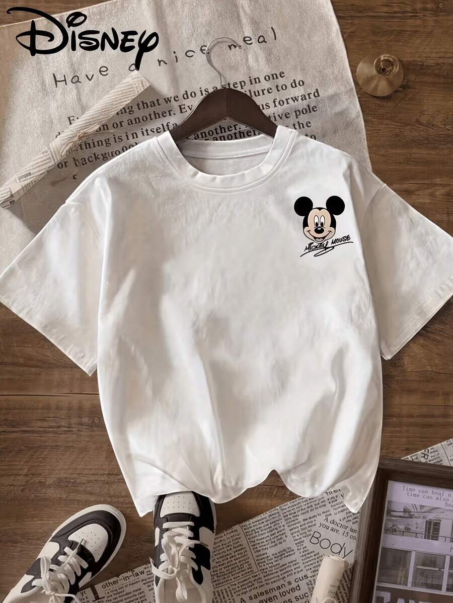 Disney License T Shirts, Disney Mickey Mouse Mini Logo & Signature Print Women's Casual Crew Neck Short Sleeve T-Shirt, Minimalist Oversized Summer Tee ,Camiseta, Summer Outfits For Women, Summer Clothes, Summer Tops, Tops For Women, Festival Outfits, Summer Tops For Women, Mother's Day, Mother's Day Clothing, Gifts For Family And Friends, Spring Outfits For Women, Officially Licensed Disney T-Shirts, Disney Men's And Women's Spring/Summer Fashion Casual Short-Sleeve T-Shirts - White - View 1