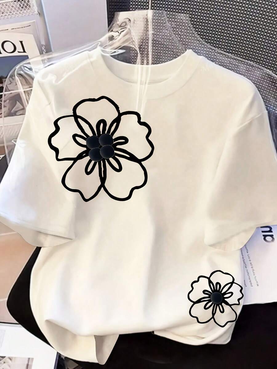 Floral Pattern Printed Vintage T-Shirt, Short Sleeve Round Neck Casual Top, Suitable For Summer And Spring, Women's Clothing - White - View 1
