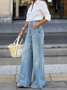 Celana Jeans Wanita Kasual Elegan dengan Potongan Lebar, Penutup Kancing, Siluet Panjang, Elastisitas Sedang untuk Musim Gugur - Light Wash - View 4