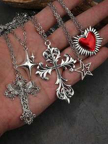 5pcs Vintage Gothic Angel Wings, Cross, Heart, Cross Wings, Star, Rose Butterfly Flower, Magic Mirror, Heart, Star Y2K Necklace Set For Women - Silver - View 8