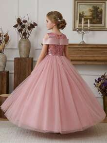 Vestido de gala elegante de gasa para adolescentes, vestido largo con parches de lentejuelas y hombros descubiertos con decoración de lazo, adecuado para cumpleaños, fiestas, bodas, damas de honor, graduación, baile de graduación y eventos de noche - Rosa vieja - Ver 6