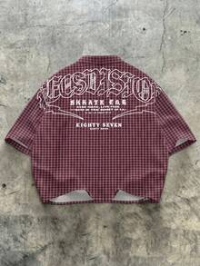 FRACTYR Men's Summer Casual Loose Comfortable Striped Plaid Short Sleeve Shirt, With Gothic Elements, Fashion Versatile Suitable For Street Style - Red - View 2