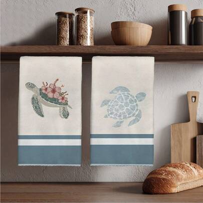 2pcs Ocean Themed Turtle Print Kitchen Towels, 40*60cm Super Absorbent Microfiber Dish Cloths, Hand Towels, Kitchen/Bathroom/Home/Outdoor Decor, Housewarming Gift