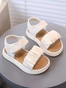 1 Pair Girls' Open Toe Sandals With Elastic Strap, Soft Sole, Comfortable Summer Princess Sandals, Casual Fashion Beach Sandals For Little Girls, Hook And Loop Closure, Lightweight Travel Fashion Sandals - Beige - View 5
