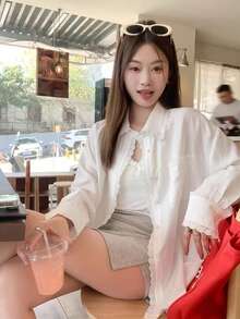 新款春夏白色蕾丝长袖衬衫，女士宽松休闲轻薄上衣 - 白色 - 查看 3