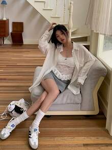 新款春夏白色蕾丝长袖衬衫，女士宽松休闲轻薄上衣 - 白色 - 查看 11