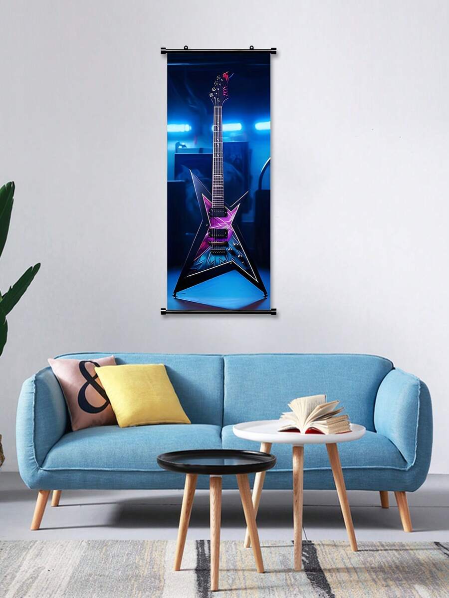 1pc Music Theme Guitar And Microphone Hanging Scroll Painting - Aesthetic Wall Art For Bedroom, Living Room, And Bathroom Decor - A - View 1