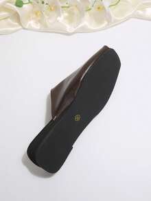 棕色平底拖鞋，方头设计，百搭休闲女鞋 - 棕色 - 查看 3