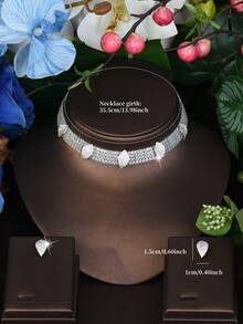 One Set Silver Tone Cubic Zirconia (CZ) Pave Leaf Choker Jewelry Set, Luxury Sparkling Matching Necklace & Earrings For Wedding Bridal, Red Carpet Events & Formal Galas - Silver - View 6