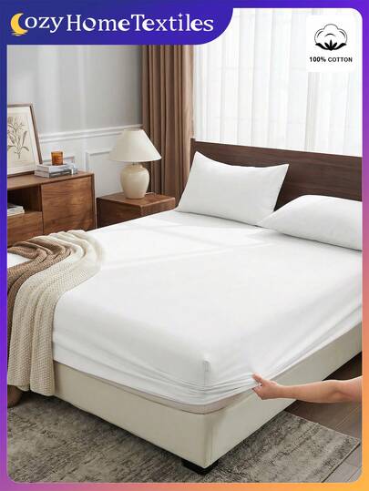 Bộ ga trải giường 2/3 món 100% cotton, bộ chăn ga gối màu trơn, đồ dệt gia dụng thoải mái, tấm bảo vệ nệm mềm mại, thoáng khí, chống xù lông, bộ ga trải giường thân thiện với da, phù hợp cho mọi mùa và kích cỡ giường (đơn, đôi, cỡ Queen, cỡ King), tấm lót nệm phòng ngủ, màu trắng