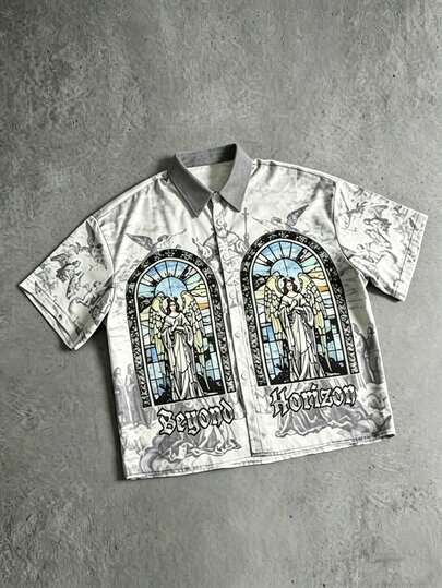  FRACTYR 男士夏季休闲衬衫——宽松舒适的短袖梭织衬衫，前后均饰有天使数码印花。时尚百搭，适合日常穿着，是打造街头风格的理想之选。