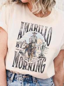 Western Outfits For Women 100% Cotton Amarillo By Morning Shirt, Amarillo Shirt, Country Shirt, Texas Shirt, Country Music Shirt, Western Shirt, Country Music T Shirt, Cowboy Tee Outfits For Women,Country Western Outfits Women Vintage Clothes Women Vacation Outfits Women - 杏色 - 查看 6