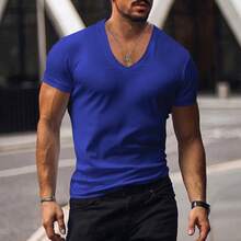 T-shirt da uomo estiva, scollo a V, tinta unita, vestibilità slim, leggera, maniche corte, abbigliamento casual da uomo - Bianco - Visualizzare 3