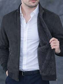 Chaqueta de Gamuza Sintético para Hombres, Afelpada por Dentro, Chamarra Piel Sintética - Gris - Ver 3