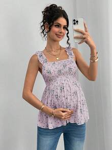 Camiseta sin mangas de línea A con volantes, tirantes anchos y recogida delantera y trasera para maternidad - Lila Púrpura - Ver 6