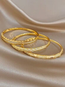 18K Gold Plated Non-Fading Elegant Twisted Bamboo Cubic Zirconia Bracelet Set, Women's Jewelry Set, Summer Boho Beach Jewelry, Vacation Season, Mother's Day Gift, Daily Party Date Night Wedding Anniversary Music Festival Christmas Valentine's Day Easter - Multicolor - View 6