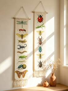 1pc/2pcs Insect Pattern Tapestry, Vintage Plant & Insect Illustration Scroll, Tasseled Boho Style Vertical Tapestry, Retro Bug Print Wall Art, Bohemian Style Wall Decor, Nature Inspired Art Hanging - Multicolor - View 6