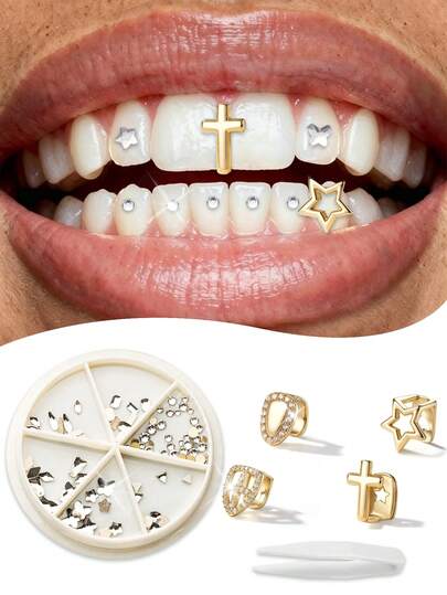 Bộ 90 viên đá trang trí răng tự làm & 4 miếng răng bọc vàng Grillz cho nam nữ, bộ trang sức nha khoa, đá quý thời trang cho răng, đá trang trí răng chuyên nghiệp cho răng miệng, phong cách Hip Hop, ma cà rồng, tiệc Halloween, răng bọc vàng đơn với thanh định hình hình ngôi sao và chữ thập