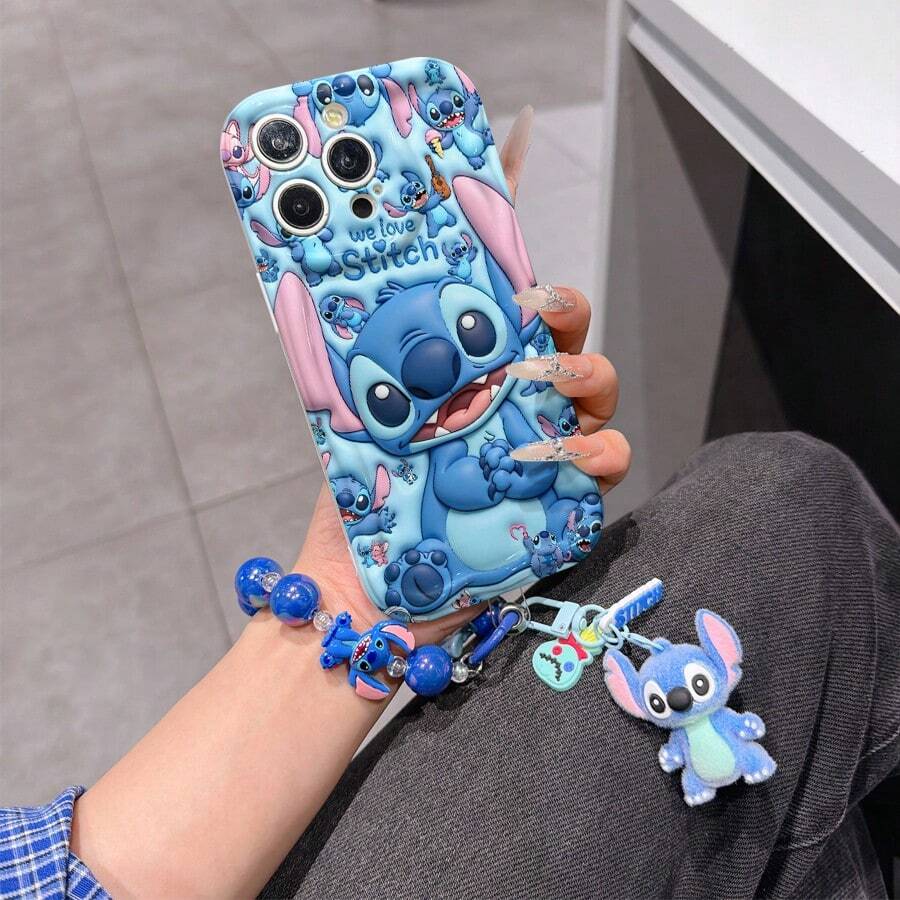 Disney Has Authorized, Phone Case - Chain Set, The Stitch Lilo & Stitch 3D Phone Case Plus A Silicone 3D Stitch Bracelet With Metallic Ring Removable Bracelet, Stitch And Angel Pattern, Compatible With Iphone 17/16/15/14/13/12/11/XS/XR/X Plus Pro Max, A Stylish Cartoon Phone Case, The Perfect Gift Choice, Phone Protection, Durable Phone Cover, Great Gift For Friends And Family - 白色款式B - 查看 1