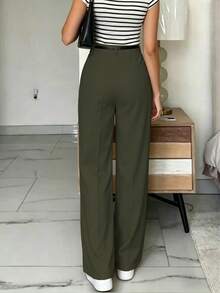 Pantalones de pierna ancha de cintura alta y ajuste delgado en verde militar, estilo callejero bohemio, adecuados para uso casual y de oficina en primavera y verano (cinturón no incluido) - Verde militar - Ver 6