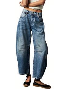 Women's Jeans Section: Women's Horseshoe-Shaped Barrel Jeans, Mid-Waist Wide-Leg Jeans, Loose Fit, Slim Tapered Leg Casual Jeans. - 藍色 - 查看 1